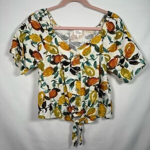 Pear Puff‎ Sleeve Linen Blend Tie-Front Blouse Top Button Up Sz Small